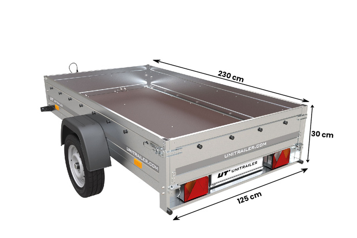 Remorque voiture simple essieu Uni trailer Garden Trailer 230 x 125 cm avec timon fixe 500/750 kg
